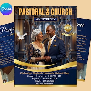 Könnte beinhalten: Ein Flyer für ein Pastor- und Kirchenjubiläum mit einem Paar in formeller Kleidung, einer weißen Taube und einem goldenen Siegel zum 20. Jubiläum. Der Text enthält Veranstaltungsdetails, Datum, Uhrzeit und Kontaktinformationen auf blau-goldem Grund.