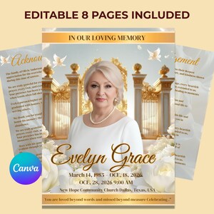 White Gold Funeral Program Template, 8 Page Memorial Program, Celebration of Life, Obituary Booklet, Canva Editable,  Funeral Program flyer