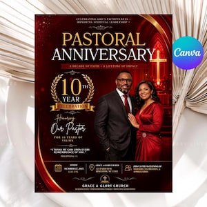 Puede incluir: Un folleto digital para el décimo aniversario pastoral con un hombre en traje y una mujer en vestido rojo. El texto dice Pastoral Anniversary, A Decade of Faith, A Lifetime of Impact, 10th Year Celebration, Honoring Our Pastor y Grace & Glory Church.
