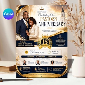 May include: A flyer for Grace & Truth Baptist Church's Pastor's 15th Anniversary, featuring a couple in formal attire. The design includes gold accents, a church illustration, and event details like the date, time, and special guests.