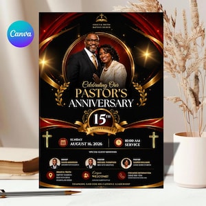 May include: A black and gold flyer for a 15th Pastor's Anniversary celebration at Grace & Truth Baptist Church on August 16, 2026. It features a photo of a couple, event details, guest minister names, and church contact information.