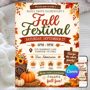 Könnte beinhalten: Ein Flyer für das Fall Festival der Maple Grove Elementary am Samstag, den 27. September, von 16 bis 21 Uhr in 1557 Harmony Lane, Fairview, TN 37062. Das Design zeigt Herbstblätter, Kürbisse, ein Holzschild und Symbole für Essen, Musik und Spiele.
