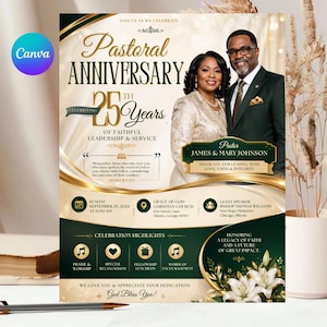 Op de afbeelding: Een pastorale jubileumflyer met een echtpaar in formele kleding, een goud en donkergroen kleurenschema, en tekst waaronder "Pastoral Anniversary 25th Years of Faithful Leadership & Service" en "Pastor James & Mary Johnson" met details over het evenement.