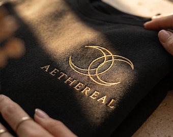 Ethereal Essential Embroidered Sweater, Minimalist Crescent Logo Sweatshirt, Quiet Luxury NYC Streetwear, Premium Fleece Gift