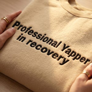 May include: A beige sweatshirt with the embroidered text "Professional Yapper in recovery" in black. The sweatshirt is held by hands wearing gold rings. The fabric appears soft and comfortable.