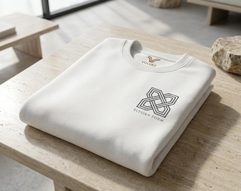 Elysian Form Gesticktes Logo, Minimalistischer Pullover, Stiller Luxus NYC Streetwear, Schweres Fleece, Premium Rundhalsausschnitt, 100 Baumwollgesicht