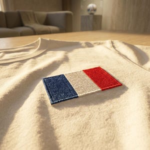 Op de afbeelding: Een crèmekleurig t-shirt met een rechthoekige geborduurde patch op de borst. De patch toont de Franse nationale vlag met verticale strepen in blauw, wit en rood, gestikt met een zichtbaar gestructureerd draadpatroon.