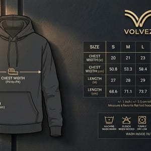 May include: A dark gray hoodie with a front pocket and drawstring hood. The image includes a size chart with chest width in inches ranging from 20 to 28 inches and length from 27 to 32 inches. The brand logo is at the top.