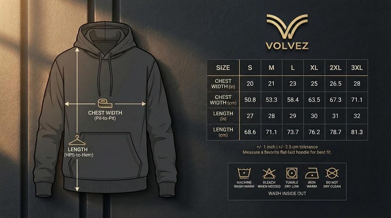 May include: A dark gray hoodie with a front pocket and drawstring hood. The image includes a size chart with chest width in inches ranging from 20 to 28 inches and length from 27 to 32 inches. The brand logo is at the top.