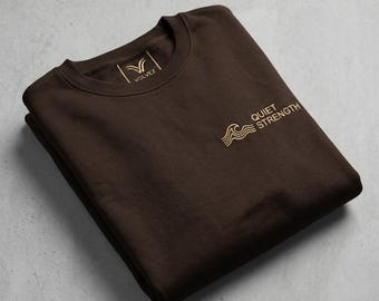 Besticktes Quiet Stärke Sweatshirt, Minimalistischer ethnischer US Baumwollpullover, Quiet Luxury NYC Streetwear Hoodie, Ästhetisches Erdfarbenes Top
