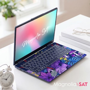 May include: A laptop featuring keyboard key stickers with a vibrant purple and blue botanical pattern of mushrooms and tropical leaves. The screen displays the text Magnolia Sat. The top text reads Keyboard key stickers. Only compatible with US layout keyboards.