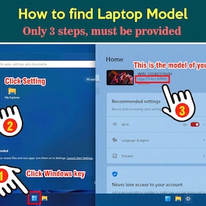May include: An instructional graphic titled How to find Laptop Model with three steps. It shows a Windows interface with numbered hand icons pointing to the Windows key, the Settings icon, and the specific laptop model name Yoga 7 2-in-1 16IHP11.