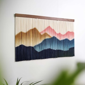 Large Macrame Wall Hanging,Mountain Wall Art,Hand Painted Textile Wall Hanging,Boho Dip Dye Tapestry,Cotton Rope Creative Wall Decor