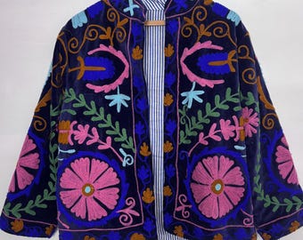 Midnight Bloom — Hand Embroidered Navy Velvet Jacket Suzani Medallion Folk Design Artisan Jaipur