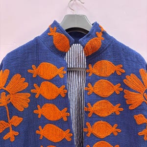 Giacca blu royal color melograno / Cappotto in cotone TNT indiano ricamato a mano / Strato artigianale boho