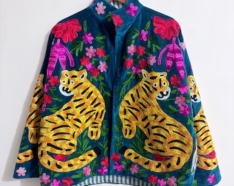 Boho Tiger Velvet Jacket — Hand Embroidered Safari Botanical Coat — Wild Statement Gift for Her