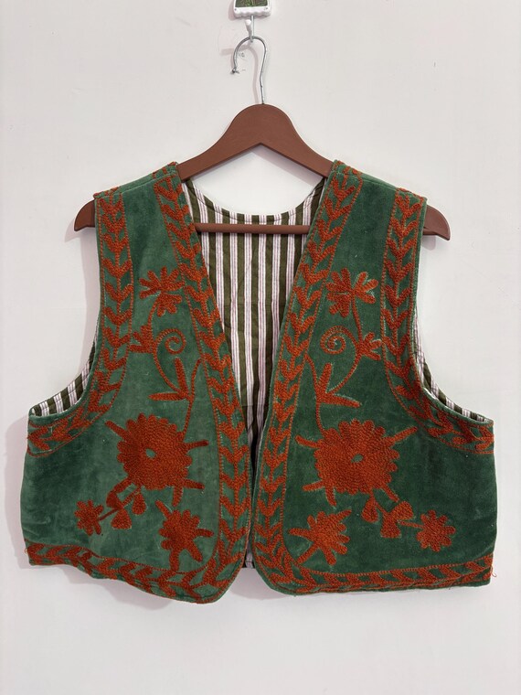 The Copper Forest — Hand Embroidered Green Velvet Waistcoat | Rust Suzani Floral Embroidery | Artisan Jaipur