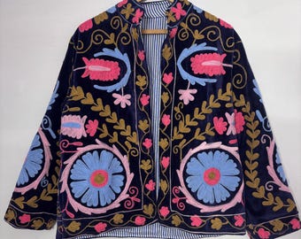 Hand Embroidered Sky Blue Velvet Jacket Folk Symbol Celestial Design Artisan Jaipur