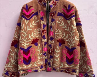 Earthy Terracotta Suzani Jacket | Hand-Embroidered TNT Cotton Blazer | Boho Heritage Layer