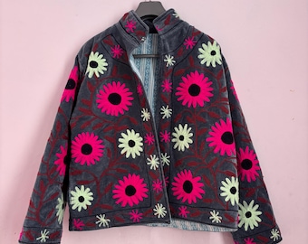 Hand Embroidered Boho Sunflower Jacket — Charcoal Grey Velvet Suzani Coat