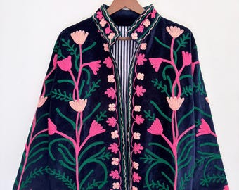 Tulip Suzani Velvet Coat — Boho Embroidered Jacket, Gift for Her