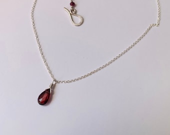 Garnet and Sterling Silver Tear Drop Necklace /  adjustable 16”-17” / ready to ship / free shipping