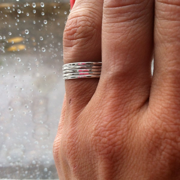 Set of 5 Tiny Sterling Silver Stacking Rings - Smooth, Hammered, or Rope Textured - mix & match