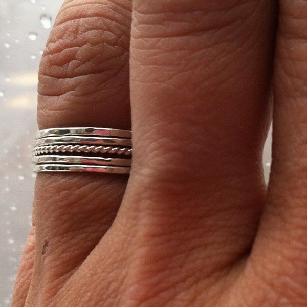 Set of 5 Tiny .925 Sterling Silver Stacking Rings /// Mix + Match Textures and sizes