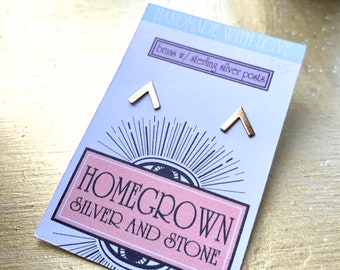 Geometric Chevron/Arrow Brass & Sterling Silver Stud Earrings - custom made to order