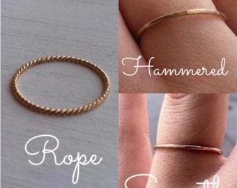 18g (1mm) [14k Yellow Gold Fill] Thin Stacking Ring///  Smooth, Hammered or Rope Texture /// custom made to order