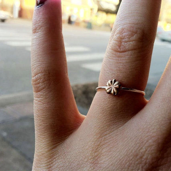 Lucky Charm Ring //  Tiny brass 4 leaf clover on .925 sterling silver band /// 18g[1mm] or 16g[1.3mm] band /// custom made to order