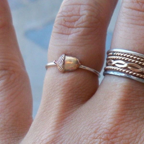 Itty Bitty Acorn Sterling Silver Stacking Ring - Brass on .925 Sterling Silver band - custom made to order