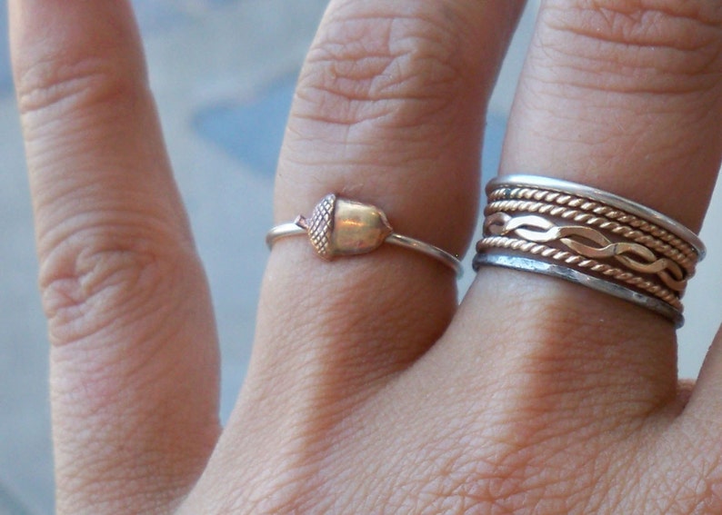 Itty Bitty Acorn Sterling Silver Stacking Ring Brass on .925 Sterling Silver band custom made to order image 1