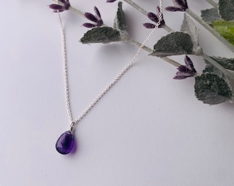 Amethyst and Sterling Silver Tear Drop Necklace /  adjustable 19”-20” / free shipping