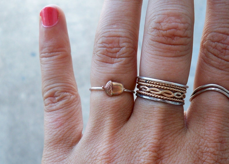 Itty Bitty Acorn Sterling Silver Stacking Ring Brass on .925 Sterling Silver band custom made to order image 3