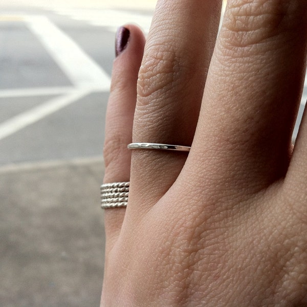 16g (1.3mm) Hammered or Smooth Finish Sterling Silver Stacking Ring /// custom made to order