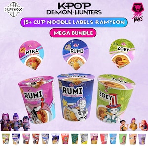 以下が含まれることがあります： K-Pop Demon Huntersのカップ麺ラベル15種類以上のメガバンドル。画像には、Rumi、Mira、Zoeyと書かれた3つの目立つカップとキャラクターイラスト、そして下段には様々な小さなカップ麺のラベルデザインが並んでいます。