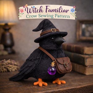 Crow Sewing Pattern PDF, Black Crow Plush Pattern, Witch Familiar Raven Plush, DIY Plush Toy Pattern, Fall Crow Decor