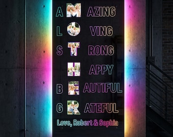 Specchio luminoso personalizzato con foto e nomi personalizzati, lampada a LED RGB, regalo perfetto per la festa della mamma.