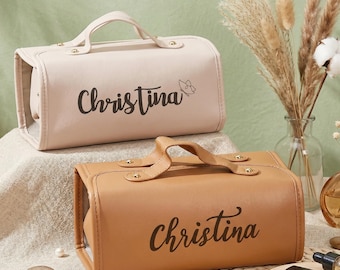 Personalized PU Leather Toiletry Bag with Custom Name as Unique Bridesmaid Gift Makeup Organizer