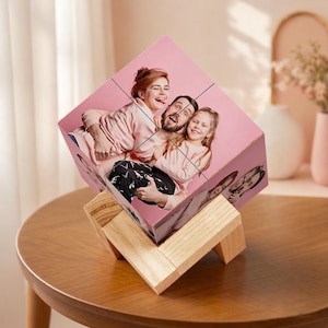 Cubo infinito fotográfico personalizado con base de madera, regalo personalizado para mamá y familia.