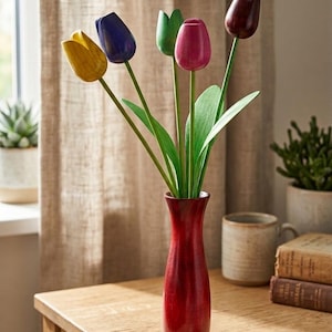 木製チューリップ 5本セット 緑の花瓶付き Wooden tulips - Etsy 日本