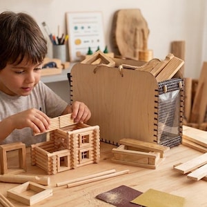 Natural Wood Log Cabin Building Kit – 93 Piece STEM Toy for Kids and Adults