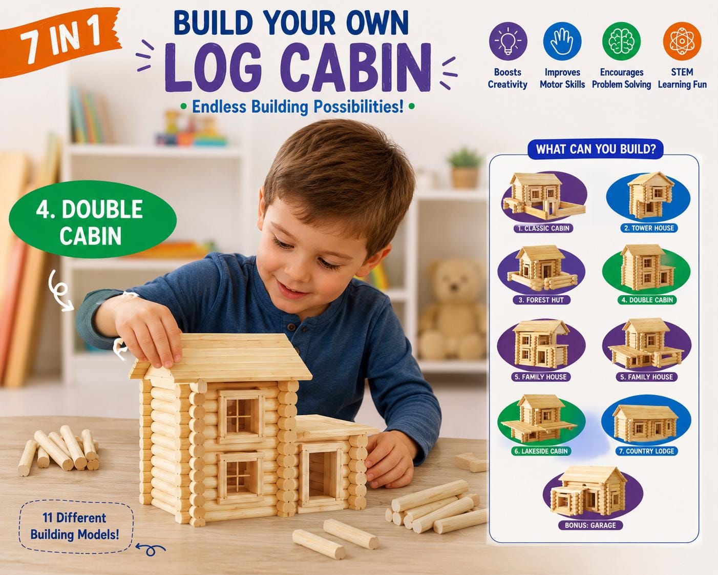 Natural Wood Log Cabin Building Kit – 93 Piece STEM Toy for Kids and ...