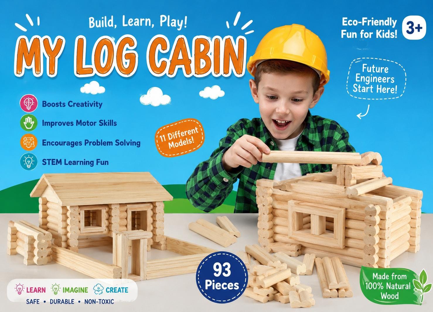 Natural Wood Log Cabin Building Kit – 93 Piece STEM Toy for Kids and ...