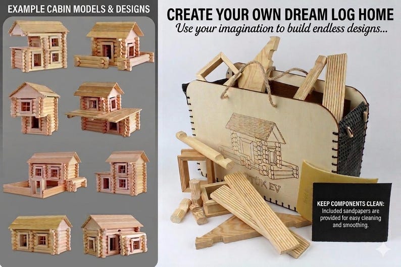 Natural Wood Log Cabin Building Kit – 93 Piece STEM Toy for Kids and ...