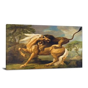 May include: A canvas print of a classical painting depicting a lion attacking a horse. The horse is a light tan color with a white mane and tail. The lion is dark brown. The background features trees, grass, and a cloudy sky.