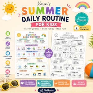 Peut inclure: Un tableau de routine quotidienne d'été imprimable pour enfants, comprenant deux versions, une en couleur et une en noir et blanc. Les tableaux incluent des sections pour les routines du matin et du soir, les activités physiques, les jeux et les tâches.