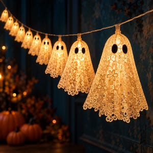 May include: A string of decorative lights featuring multiple ghost-shaped covers made from cream-coloured floral lace fabric. Each ghost has two dark oval eyes and is illuminated from within by a warm light, creating a soft glow along the wire.