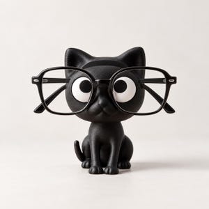 Puede incluir: Un soporte para gafas con forma de gato en color negro mate, con grandes ojos blancos separados y orejas puntiagudas. La figura está diseñada para sostener un par de gafas de montura negra que descansan sobre el puente de la nariz del gato.